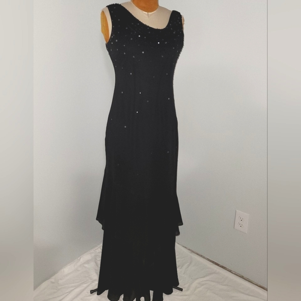 Alex Evenings Black Sequined, Draped Neck, Tiered Maxi Dress